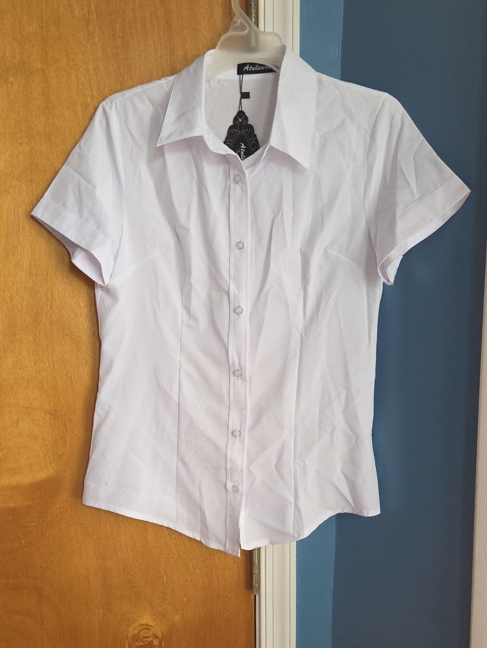 Women's White Short-Sleeve Button-Down Blouse